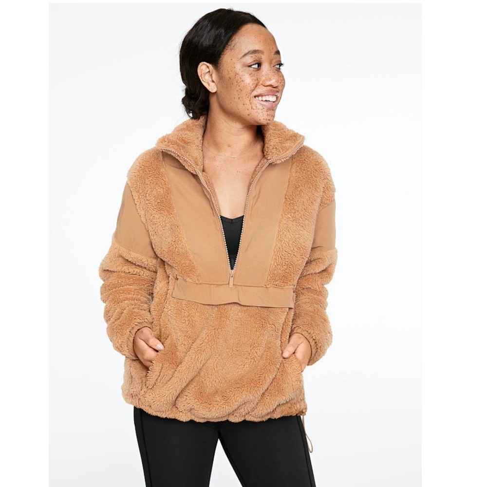 PINK Victoria's Secret Tan Teddy Quarter Zip Pullover Jacket Size S